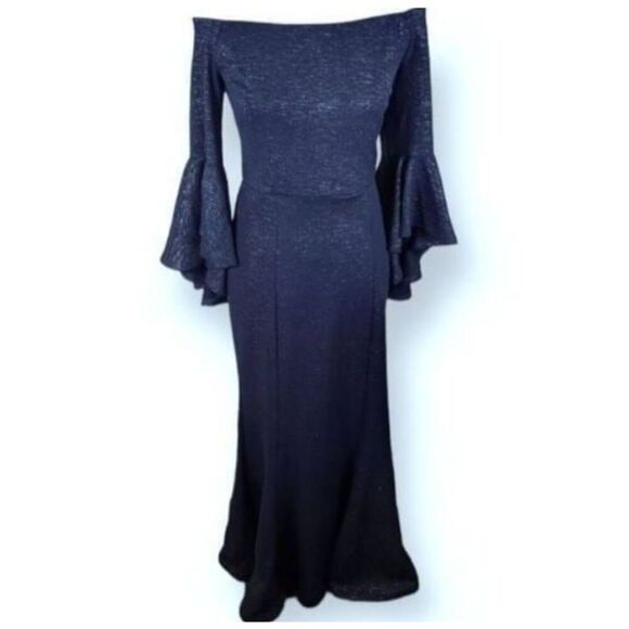 VENUS NAVY & SILVER METALLIC OFF-THE-SHOULDER BELL SLEEVE DRESS SZ.6 EUC. - Picture 3 of 10
